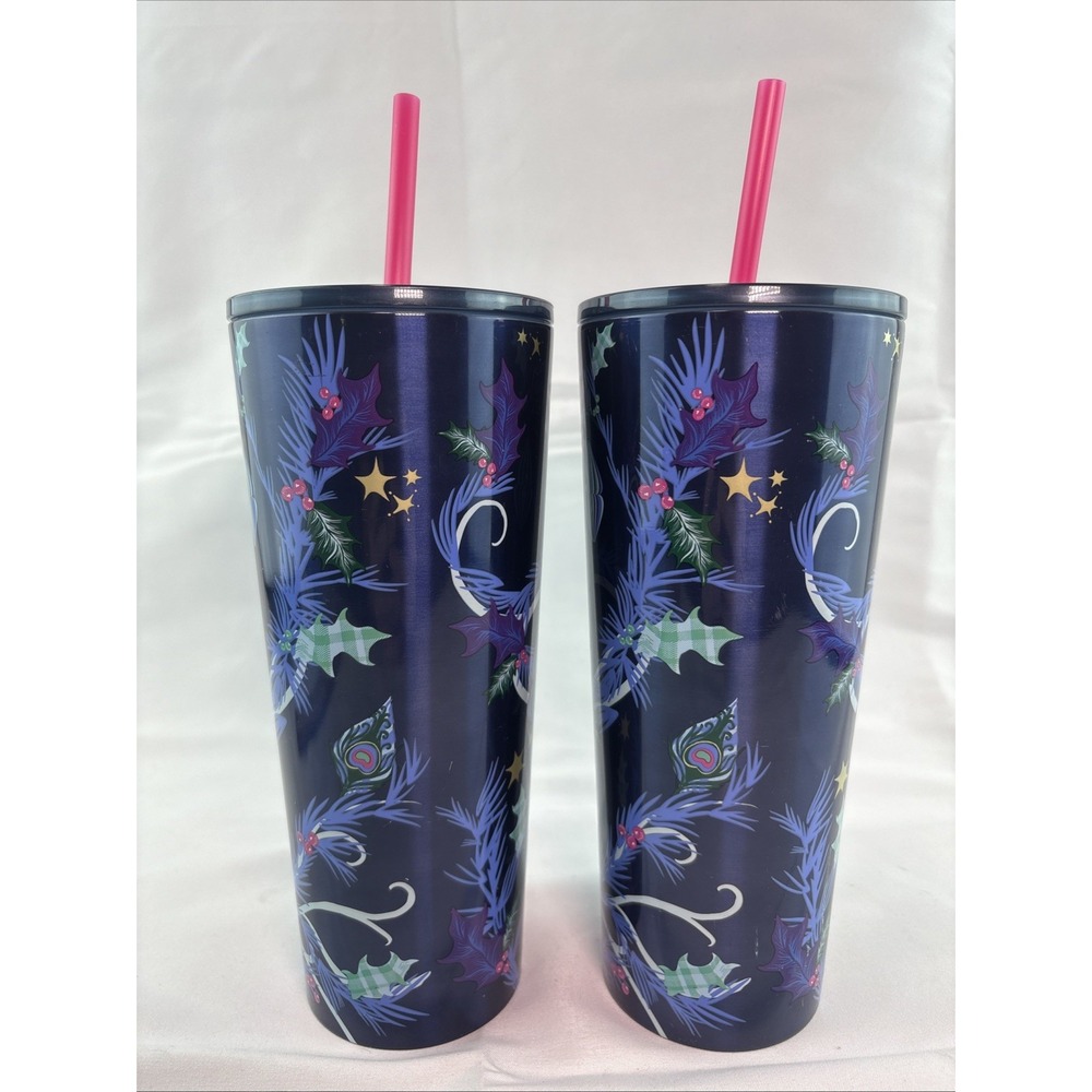 Lot Of 2 -Starbucks Holiday Christmas Tumbler Blue Ornaments 2024 Straw 24 oz - Picture 2 of 8